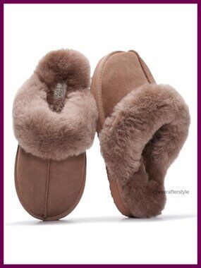 Genuine Leather Fur-Lined Clog Slippers Memory Foam Mules